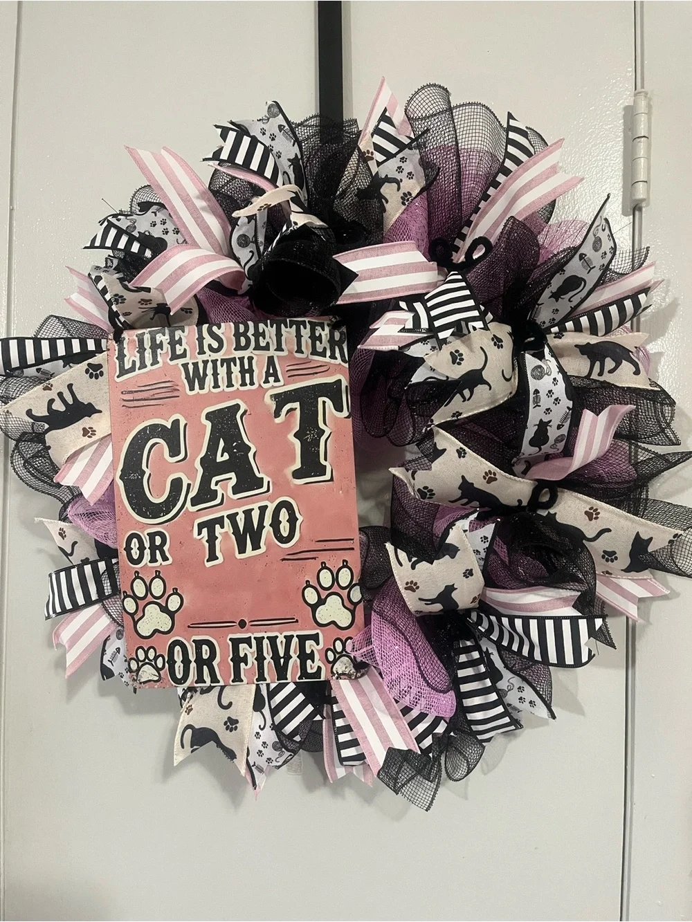Hand Crafted Pink, Black & Cream Cat Decorative Wreath